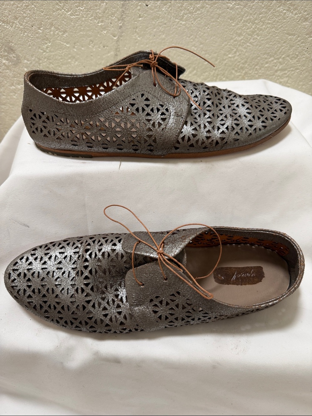 Marselle Metallic Silver Laser-Cut Lace-Up Flats